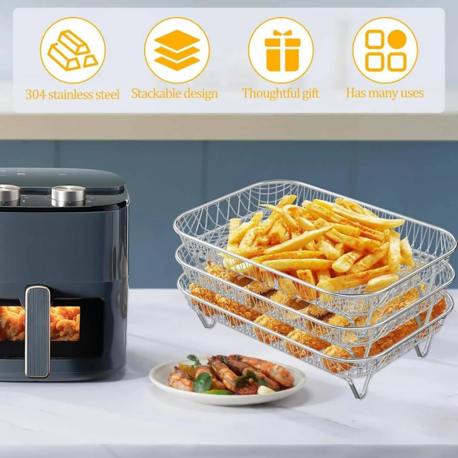 Abizarch 3-Tier Stainless Steel Air Fryer Rack for Ninja AF300UK, Instant, Salter - Stackable Basket Accessories with Clip for Bacon & More
