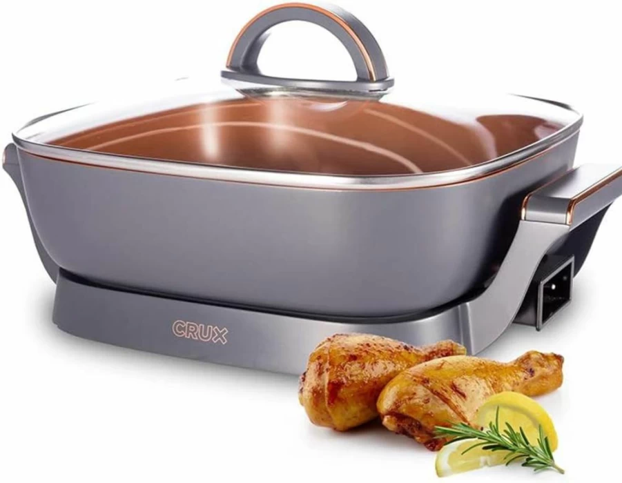 Crux 12" Electric Skillet with Glass Lid - 1400W Nonstick Ceramic Deep Fry Pan, PFOA & PTFE Free, Scratch Resistant, Includes Removable Temperature Probe
