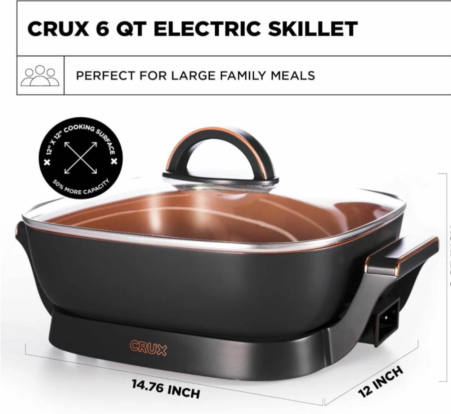 Crux 12" Electric Skillet with Glass Lid - 1400W Nonstick Ceramic Deep Fry Pan, PFOA & PTFE Free, Scratch Resistant, Includes Removable Temperature Probe