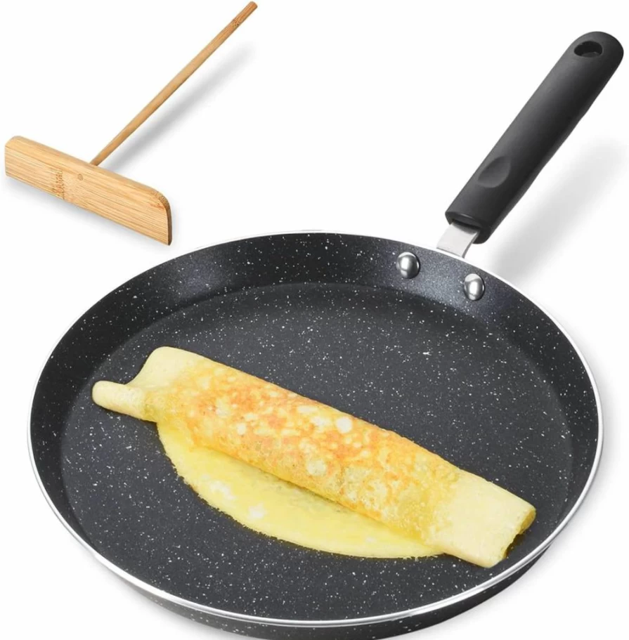 Buecmue 10.5 Inch Nonstick Granite Crepe Pan - Induction Compatible, PFOA & PTFE Free Skillet for Roti, Omelet, Tortilla, Dosa - Includes Spreader
