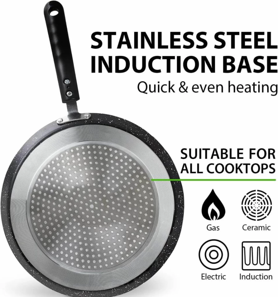 Buecmue 10.5 Inch Nonstick Granite Crepe Pan - Induction Compatible, PFOA & PTFE Free Skillet for Roti, Omelet, Tortilla, Dosa - Includes Spreader