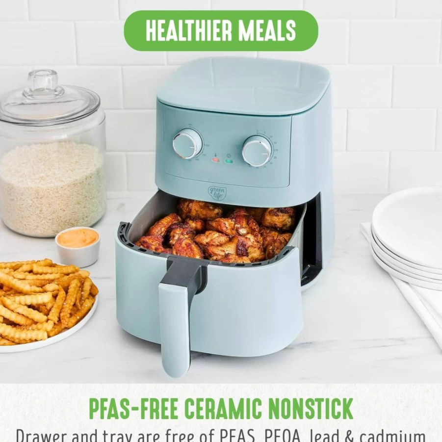 GreenLife 4.5Qt Air Fryer with PFAS-Free Ceramic Coating, Adjustable Temp & Timer, LED Display, Dishwasher Safe, Blue Haze – Perfect for Holiday Gifts & Kitchen Essentials