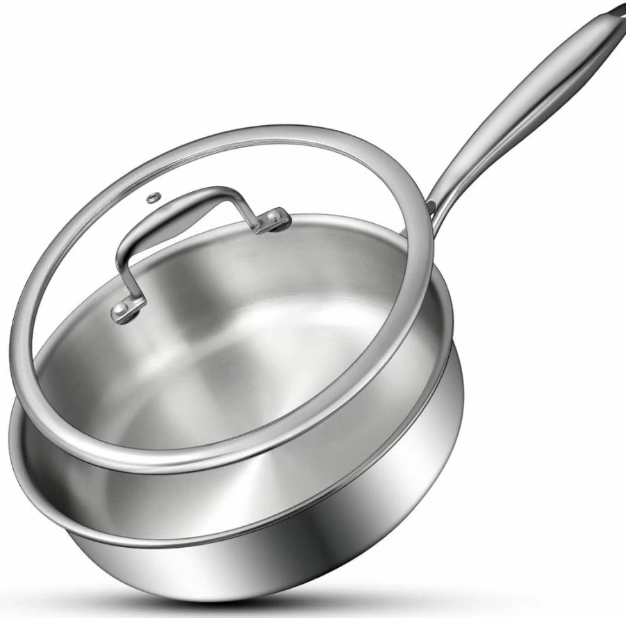 EWFEN 10 Inch Tri-Ply Stainless Steel Skillet - 3Qt Deep Frying Pan with Lid, Induction Compatible, Oven & Dishwasher Safe, Even Heat Distribution, Ergonomic Detachable Handle