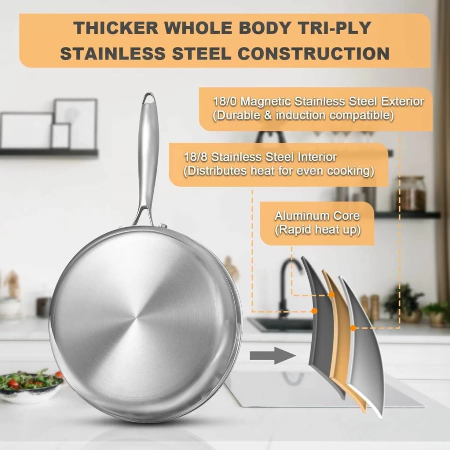 EWFEN 10 Inch Tri-Ply Stainless Steel Skillet - 3Qt Deep Frying Pan with Lid, Induction Compatible, Oven & Dishwasher Safe, Even Heat Distribution, Ergonomic Detachable Handle