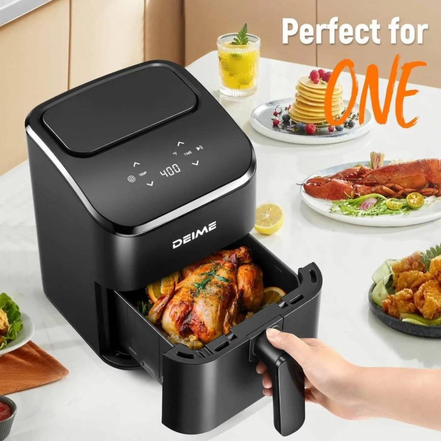 Deime 3 Quart Digital Air Fryer – Compact, Quiet, Nonstick Basket for Baking, Roasting & Reheating, Dishwasher Safe, Space-Saving Design (Black)