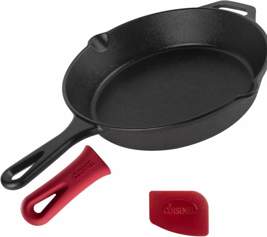 Cuisinel 12-Inch Pre-Seasoned Cast Iron Skillet with Glass Lid - Oven Safe, Induction Compatible Frying Pan for Grill, Stovetop, BBQ & Outdoor Cooking - Includes Silicone Handle Holder
