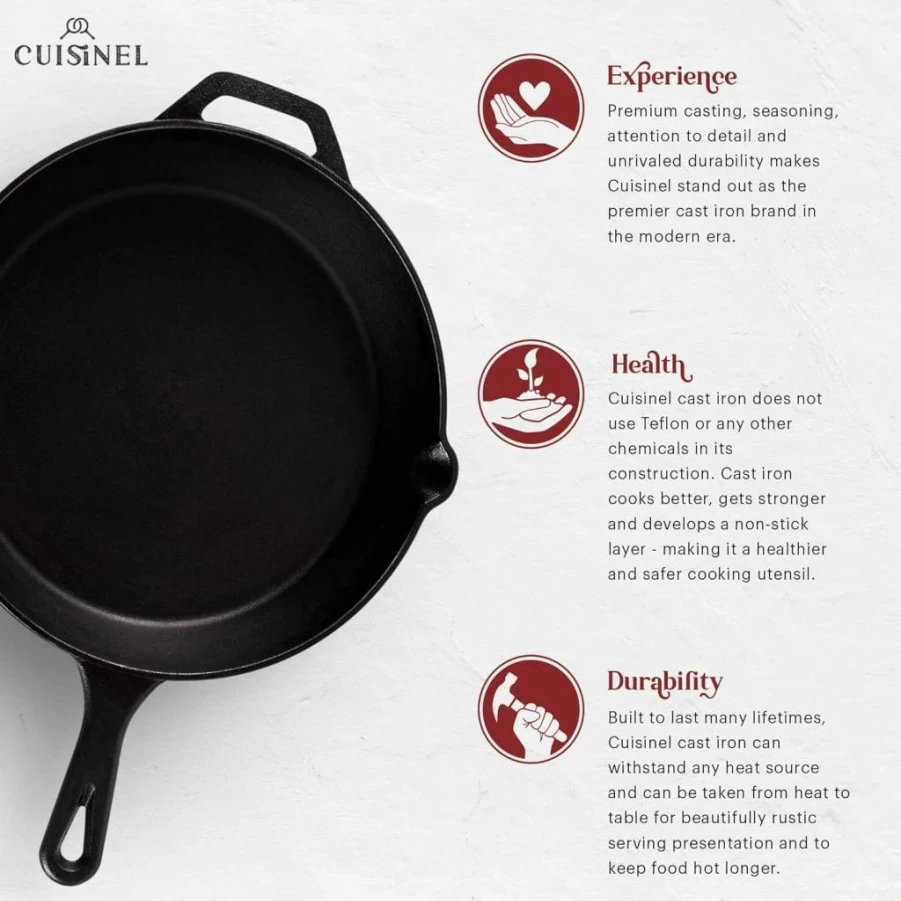Cuisinel 12-Inch Pre-Seasoned Cast Iron Skillet with Glass Lid - Oven Safe, Induction Compatible Frying Pan for Grill, Stovetop, BBQ & Outdoor Cooking - Includes Silicone Handle Holder
