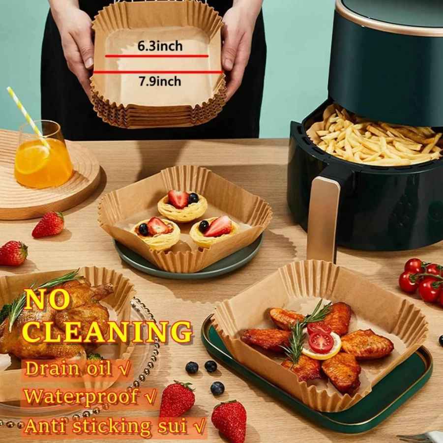 UHOUSE 9.5 Inch Square Air Fryer Liners - Disposable Non-Stick Baking Paper for Air Fryer, Oven, Roasting & Microwave, 100 Pcs