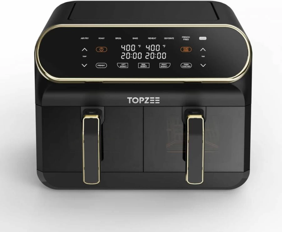 TopZee 8 Quart Dual Basket Air Fryer - 2 Independent 4 Qt Nonstick Baskets, Preheat, Bake, Roast, Broil, Dehydrate, Easy View Windows, Dishwasher Safe, Black