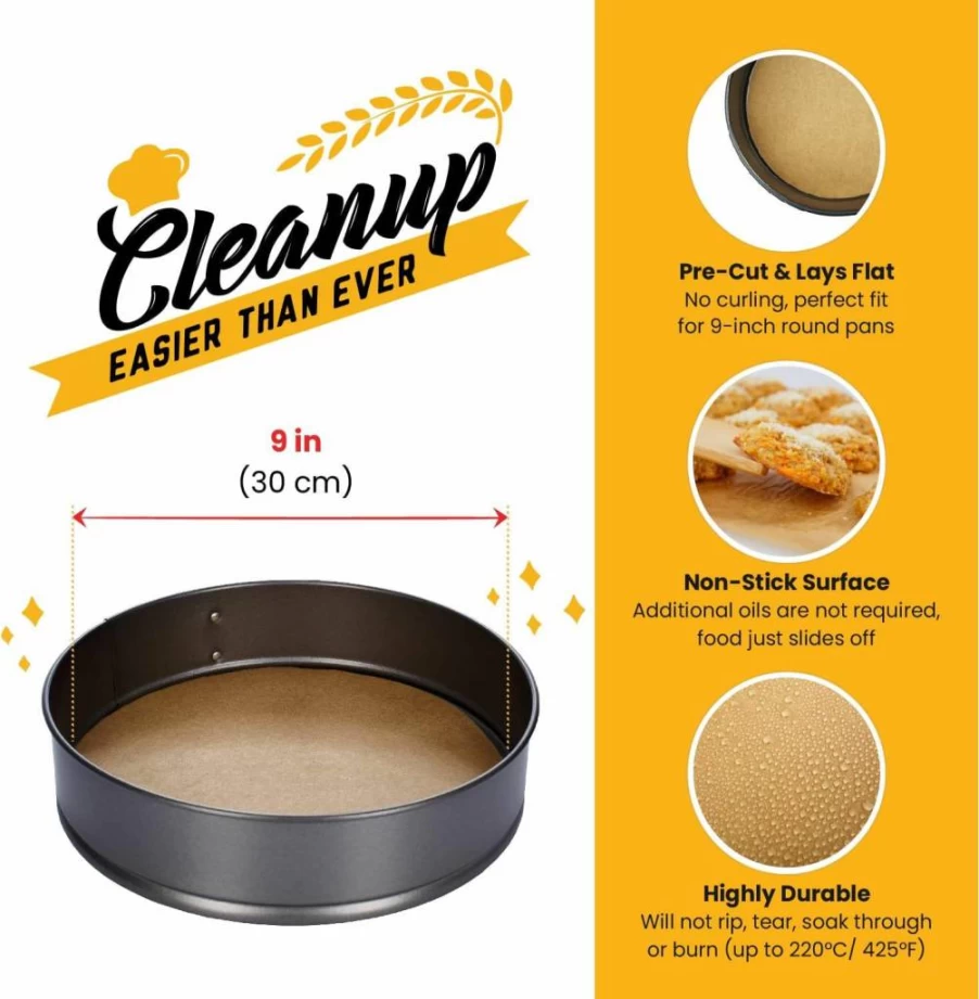 Baker's Signature 9 Inch Unbleached Parchment Rounds - Heavy Duty, Precut, Non-Toxic, Silicone Coated Baking Sheets for Baking & Cooking (220 Count)