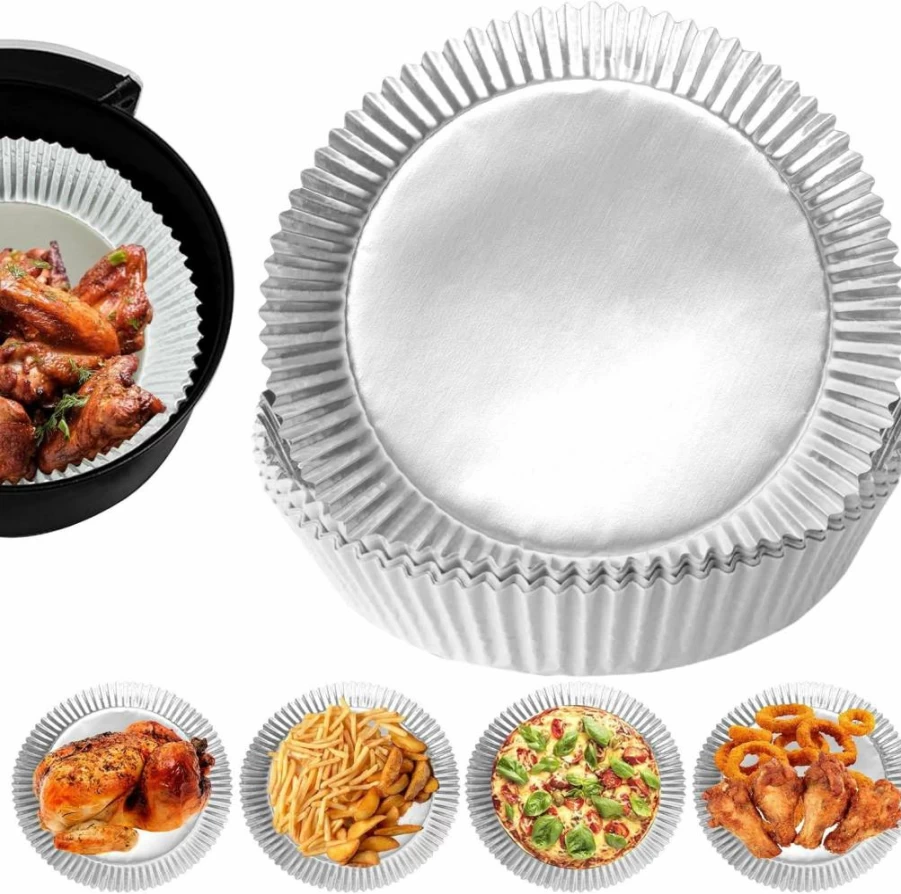 Tonmom 100-Pack Air Fryer Liners, Disposable Non-Stick Aluminum Foil Sheets for Baking, Grilling & Microwave, Oil-Proof & Water-Proof, Food Safe
