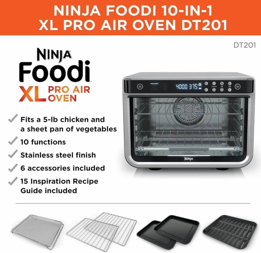 Ninja DT501 6-in-1 Smart XL Air Fryer Toaster Oven | 1800W Countertop Convection Oven for Baking, Pizza, Roasting 12lb Turkey | 20 Cookie Capacity | Stainless Steel Construction