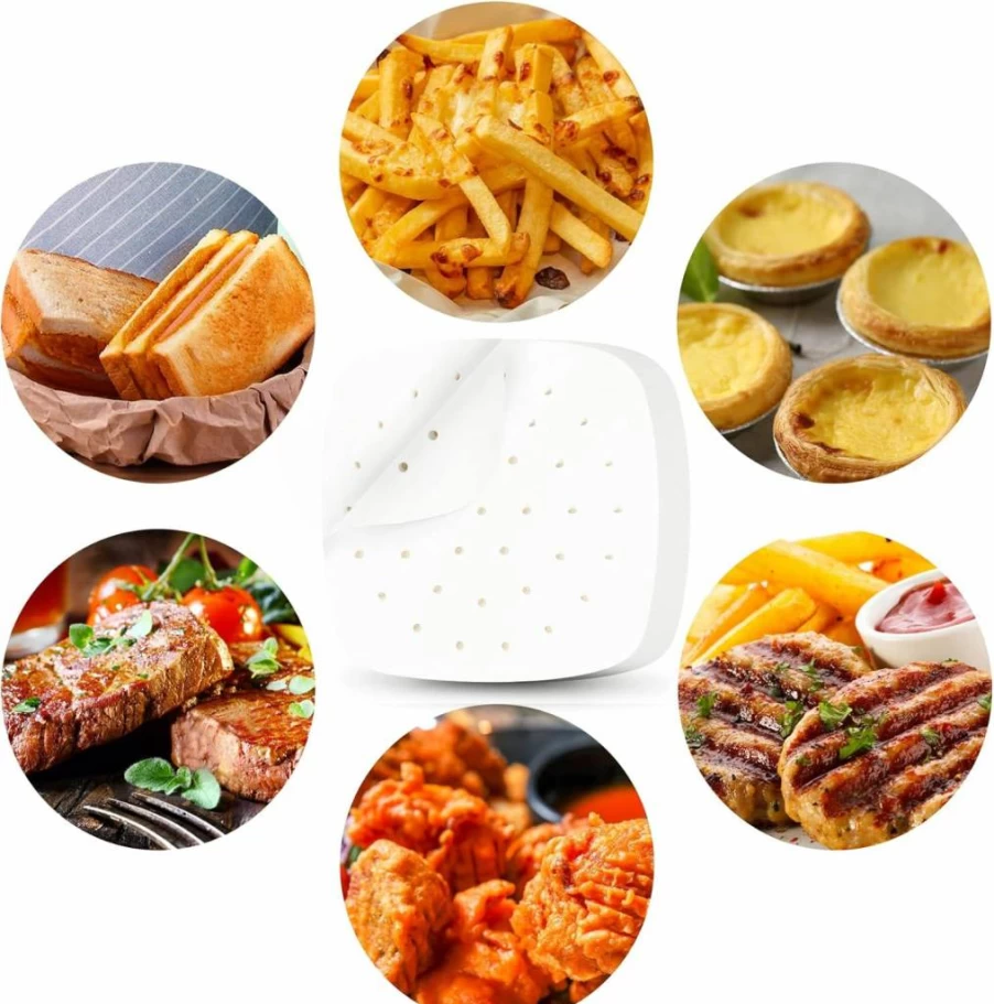 HOFHTD 200Pcs Unbleached Air Fryer Parchment Paper Liners, 8.5 Inch Square Perforated Baking Sheets for Air Fryer & Bamboo Steamer, Non-Stick & Heat Resistant
