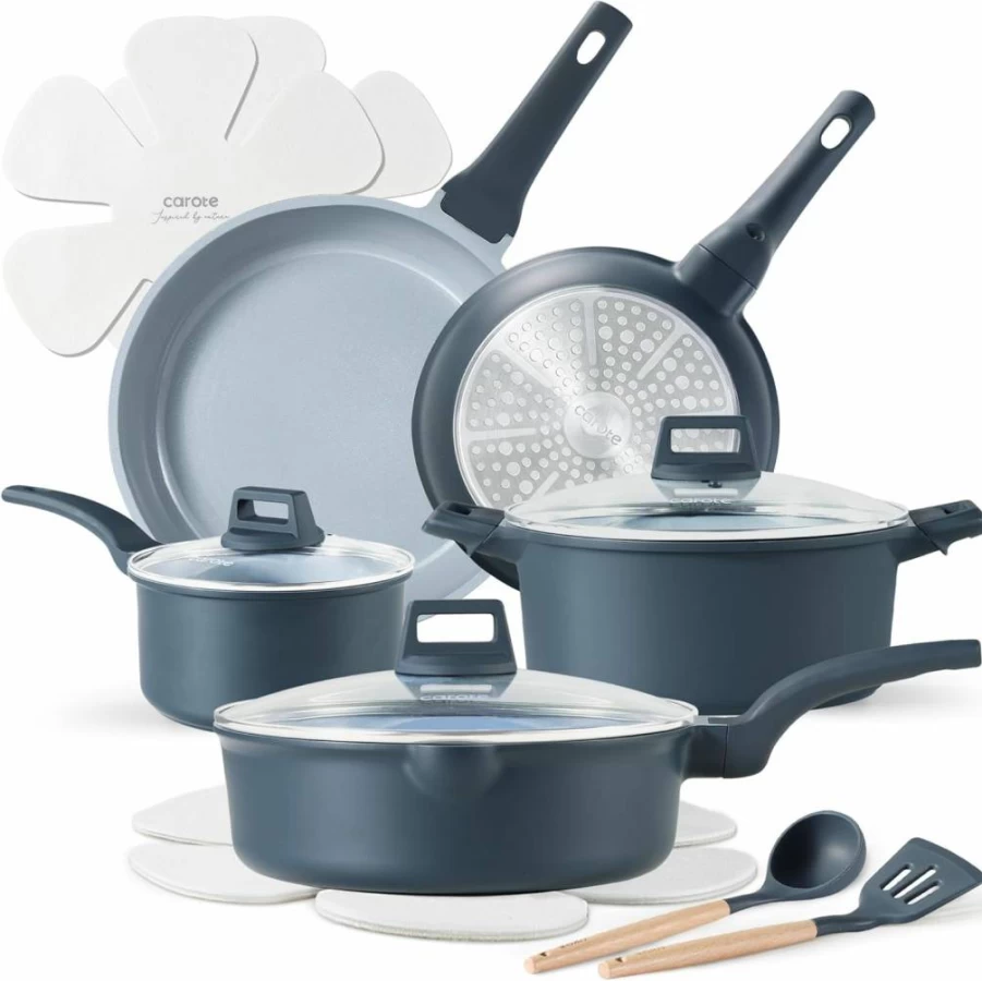 CAROTE 14-Piece Nonstick Cookware Set, Granite Coating Induction Pots and Pans Set with Frying Pans, Saucepans, Saute Pan & Casserole Dish