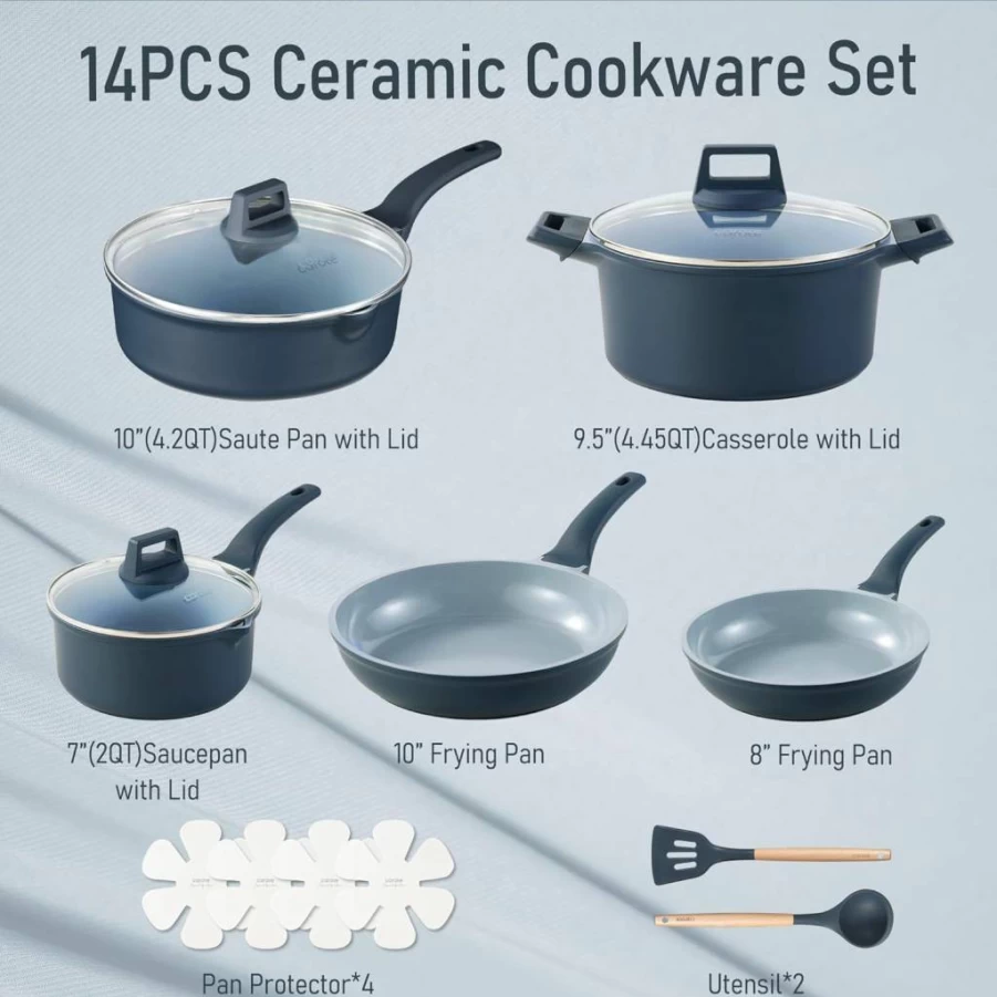 CAROTE 14-Piece Nonstick Cookware Set, Granite Coating Induction Pots and Pans Set with Frying Pans, Saucepans, Saute Pan & Casserole Dish