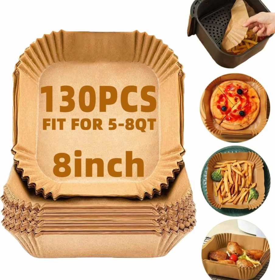 LYHOLKEER 8-Inch Disposable Air Fryer Liners, 200PCS Non-Stick Parchment Paper Sheets for 5-8QT Air Fryer Baskets, Square Bleach-Free Baking Liners