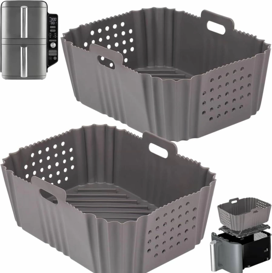 BYKITCHEN Reusable Silicone Air Fryer Liners for Ninja Double Stack XL & SL401 Dual Basket Air Fryer, Non-Stick Perforated Rectangle Accessories