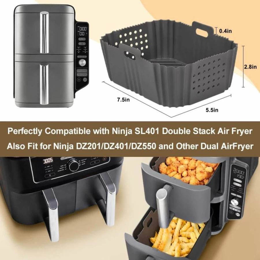 BYKITCHEN Reusable Silicone Air Fryer Liners for Ninja Double Stack XL & SL401 Dual Basket Air Fryer, Non-Stick Perforated Rectangle Accessories