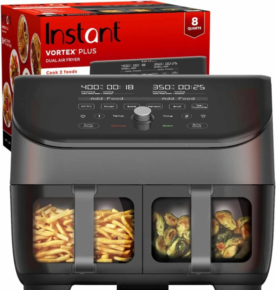 Instant Pot Vortex Plus XL 8QT Air Fryer with ClearCook Window, 8-in-1 Functions for Crisping, Baking, Roasting, Broiling, Dehydrating & Reheating, Custom Programs, Black