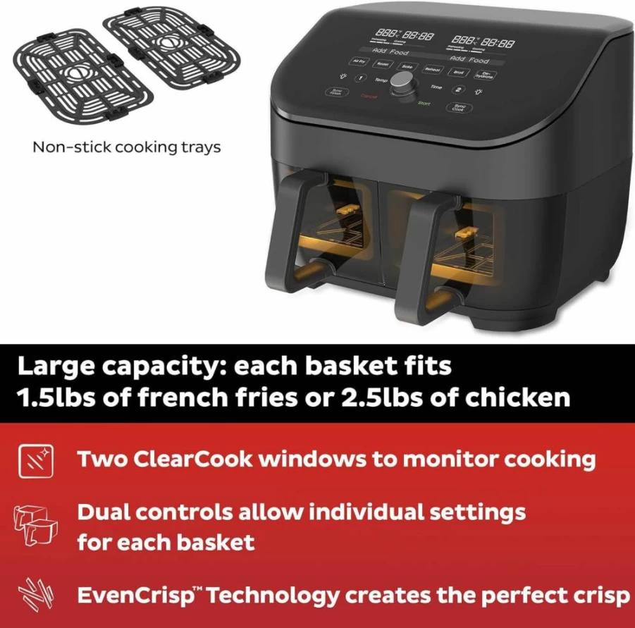 Instant Pot Vortex Plus XL 8QT Air Fryer with ClearCook Window, 8-in-1 Functions for Crisping, Baking, Roasting, Broiling, Dehydrating & Reheating, Custom Programs, Black