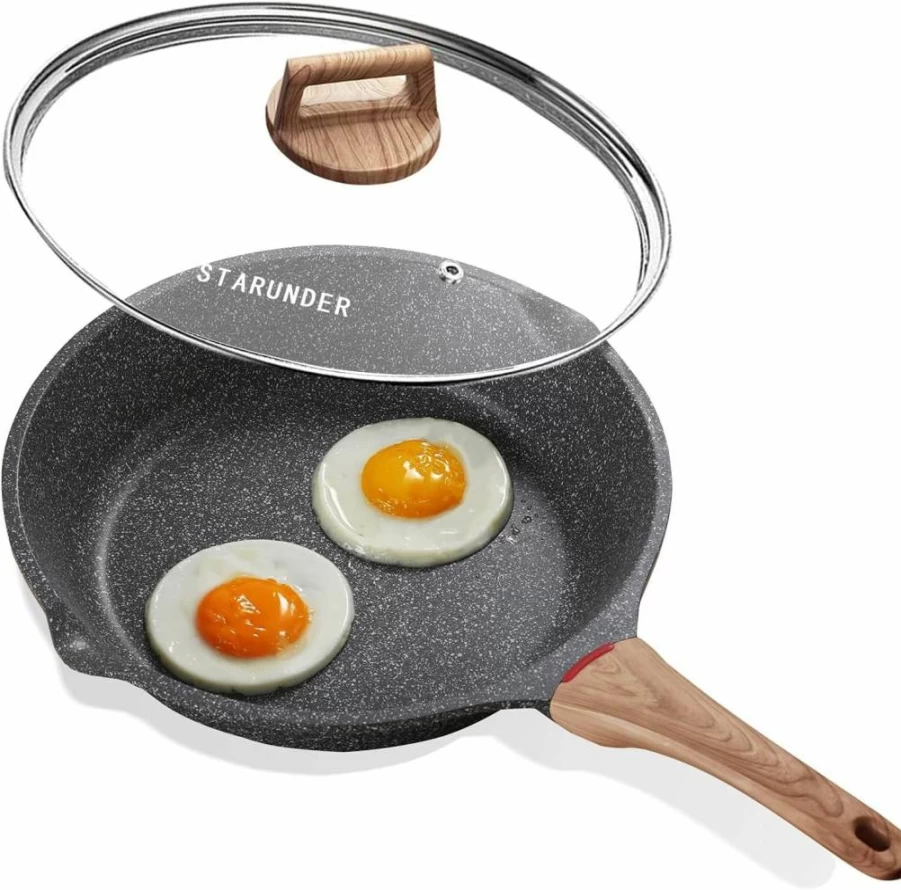 Starunder 8 Inch Nonstick Induction Frying Pan with Lid - Swiss Granite Coating, PFOA-Free, Scratch-Resistant Skillet for Omelette & Safe Cooking
