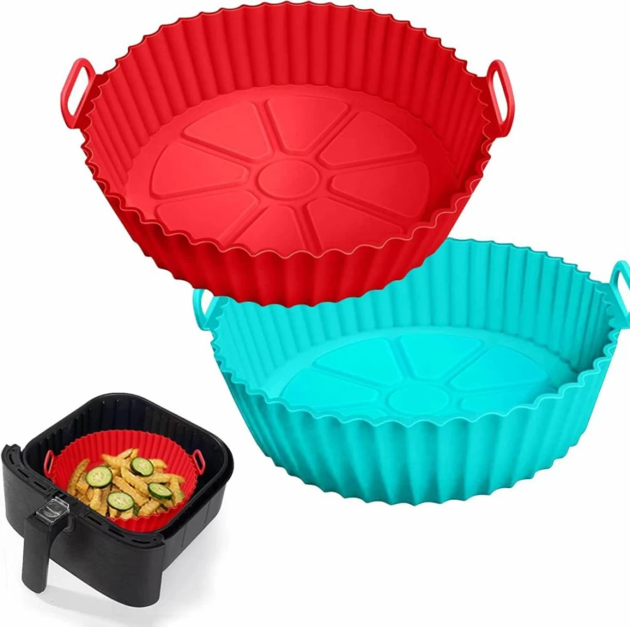2 Pack AKSDTH Silicone Air Fryer Liners for 3-5 Qt Basket Bowls, Reusable Non-Slip Baking Pans (Red & Blue, 8In Top/6.75In Bottom) - Oven Safe Replacement for Parchment Paper