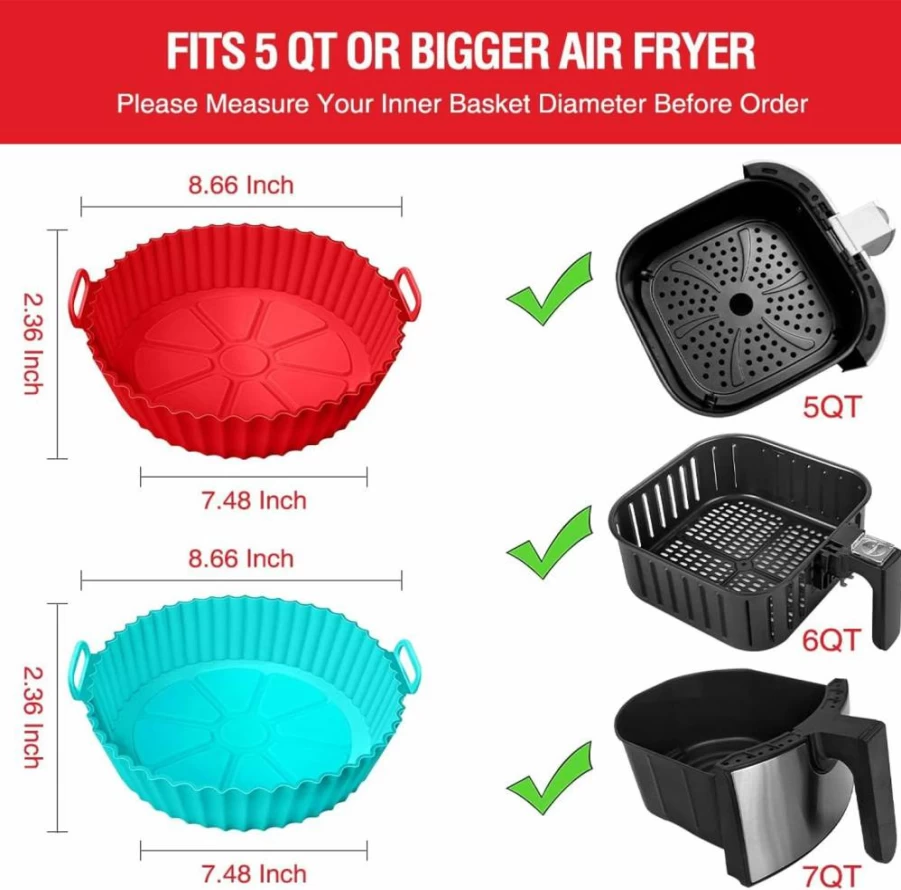 2 Pack AKSDTH Silicone Air Fryer Liners for 3-5 Qt Basket Bowls, Reusable Non-Slip Baking Pans (Red & Blue, 8In Top/6.75In Bottom) - Oven Safe Replacement for Parchment Paper