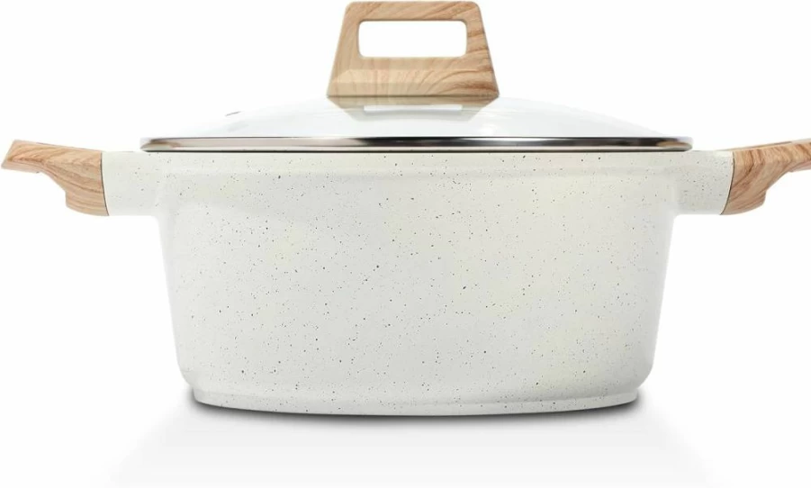 ESLITE LIFE 5 Quart Nonstick Granite Stock Pot with Lid, PFOA-Free Induction Compatible Soup Pasta Cooking Pot, White Casserole Dish
