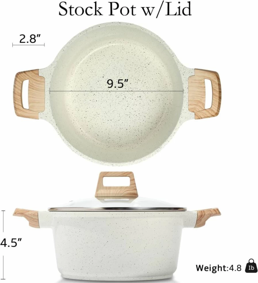 ESLITE LIFE 5 Quart Nonstick Granite Stock Pot with Lid, PFOA-Free Induction Compatible Soup Pasta Cooking Pot, White Casserole Dish