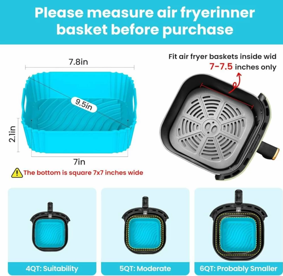 Redfly 2 Pack Reusable Silicone Air Fryer Liners for 4-5 Qt Models, Non-Stick Square Basket Inserts, Dishwasher Safe Gray & Black Accessories