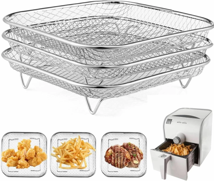 8 Inch Square Air Fryer Rack Set of 3 - Stackable Stainless Steel Dehydrator Rack for Cosori, Instant Vortex, Ninja Foodi - Fondpen Brand Accessories