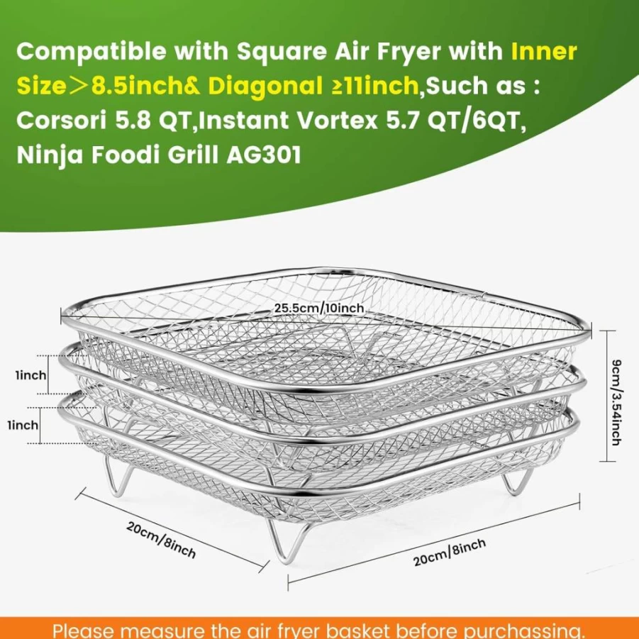 8 Inch Square Air Fryer Rack Set of 3 - Stackable Stainless Steel Dehydrator Rack for Cosori, Instant Vortex, Ninja Foodi - Fondpen Brand Accessories
