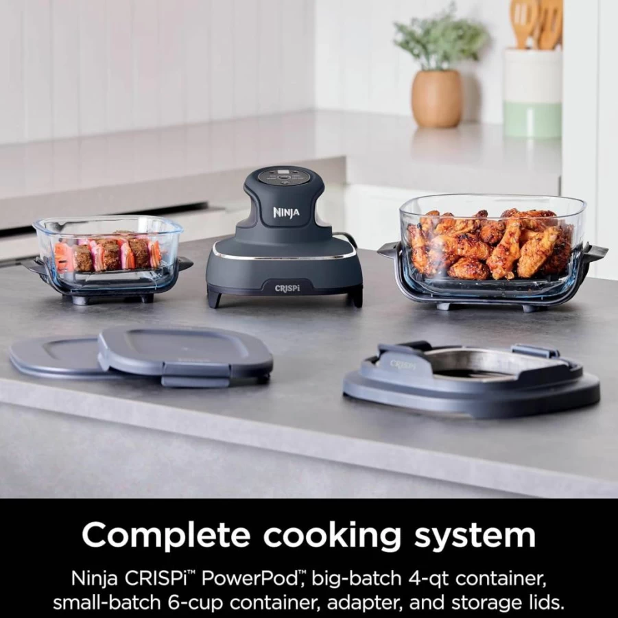 Ninja Crispi 4-in-1 Air Fryer with 4Qt Glass Containers, 1500W Portable Cooking System, Microwave & Dishwasher Safe, Cyberspace Gray (FN101GY)