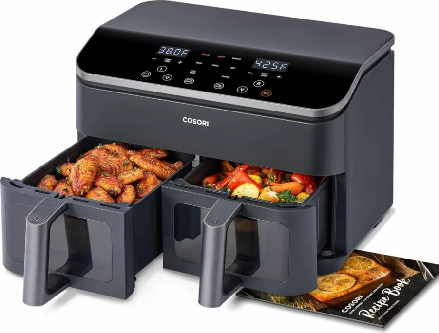 COSORI 10-In-1 Dual Basket Air Fryer 9Qt, Sync & Finish Cooking Technology for Roasting, Baking, Reheating, 130 Included Recipes, Dishwasher Safe, Family Size