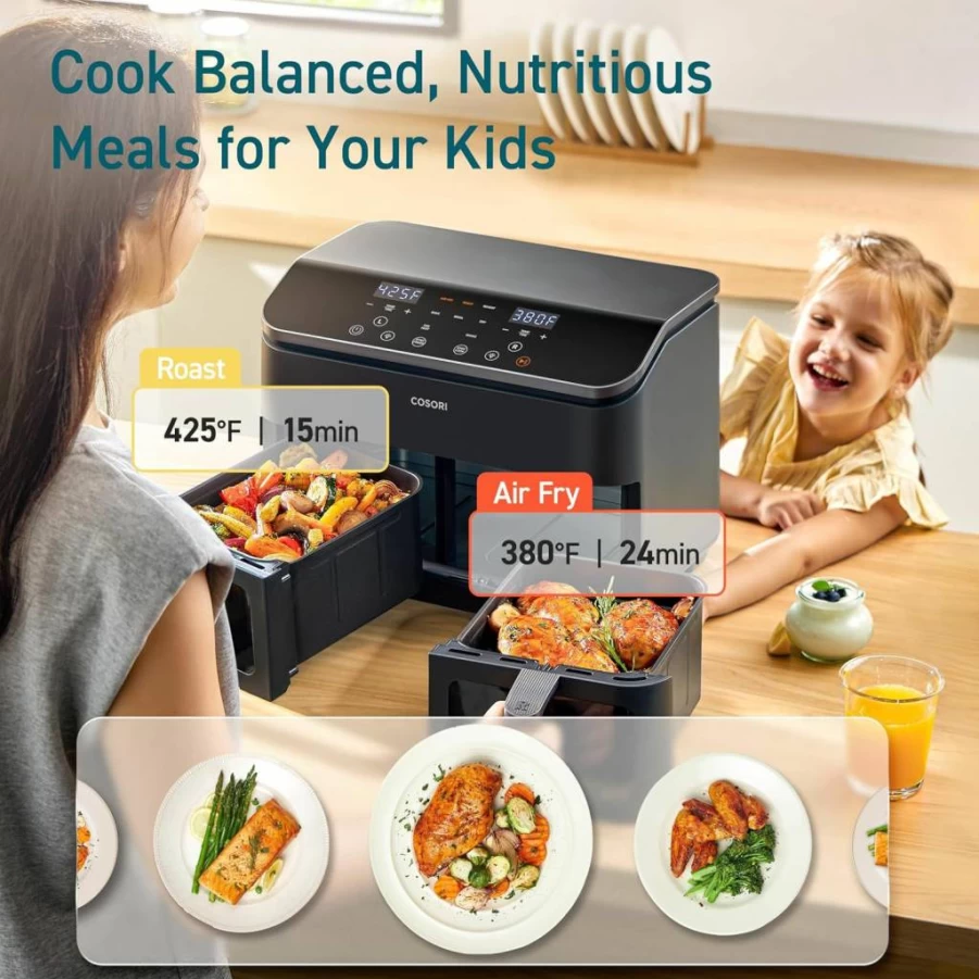 COSORI 10-In-1 Dual Basket Air Fryer 9Qt, Sync & Finish Cooking Technology for Roasting, Baking, Reheating, 130 Included Recipes, Dishwasher Safe, Family Size