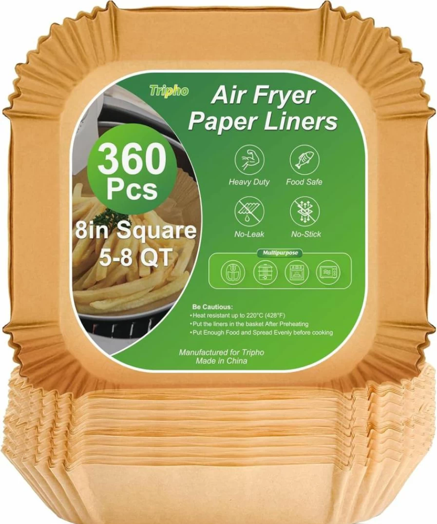 Tripho 8-Inch Square Air Fryer Liners, 360-Pack Unbleached Parchment Paper Sheets, Non-Stick & Leak-Proof Disposable Basket Liners for Air Fryer, Deep Fryer, and Cooking Accessories