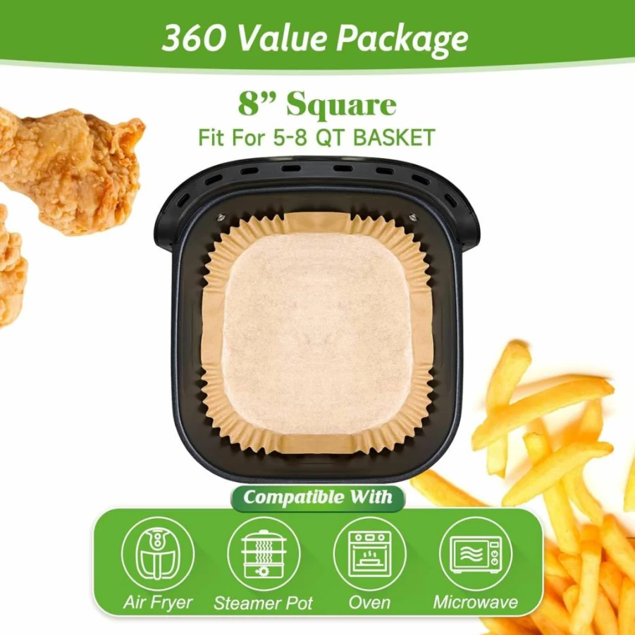 Tripho 8-Inch Square Air Fryer Liners, 360-Pack Unbleached Parchment Paper Sheets, Non-Stick & Leak-Proof Disposable Basket Liners for Air Fryer, Deep Fryer, and Cooking Accessories