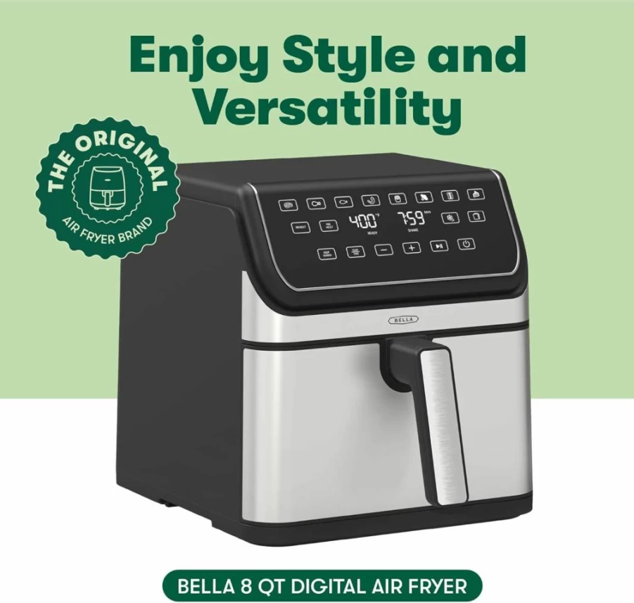 BELLA 8 Quart Digital Air Fryer with TurboCrisp Technology, Large Nonstick Basket & Crisping Tray, 8 Preset Functions, Auto Shut Off, 1750W Stainless Steel Airfryer for Family Cooking