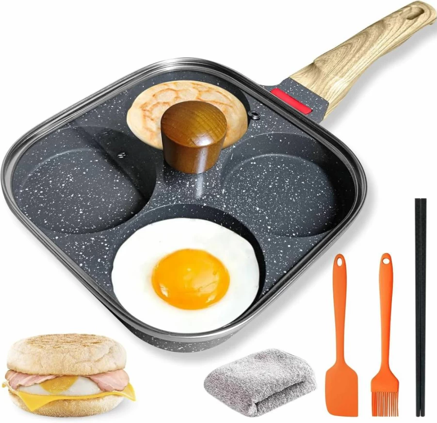 Ywmoml 4-Piece Nonstick Egg Pan Set with 4-Cup Skillet, Silicone Scraper, Oil Brush, Chopsticks & Cleaning Cloth - Aluminum Induction-Compatible Frying Pans for Gas & Electric Stovetops