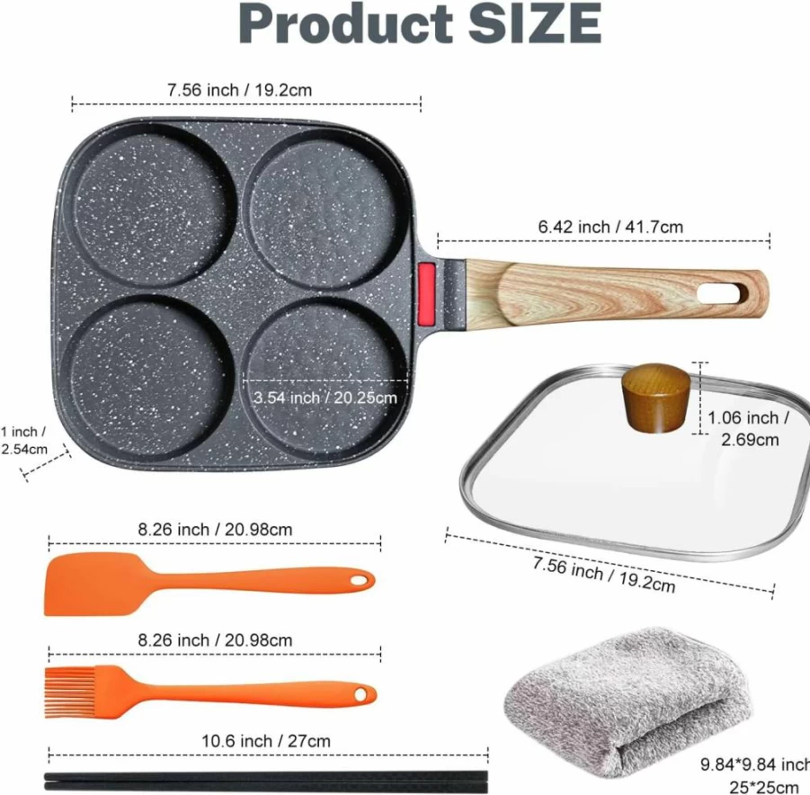 Ywmoml 4-Piece Nonstick Egg Pan Set with 4-Cup Skillet, Silicone Scraper, Oil Brush, Chopsticks & Cleaning Cloth - Aluminum Induction-Compatible Frying Pans for Gas & Electric Stovetops