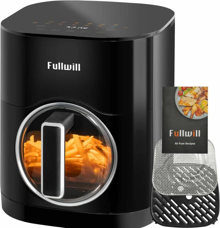 Fullwill Vision Pro 6Qt Air Fryer with Square Window, Dual Heating, 12 Presets for Chicken/Fries/Pizza, Non-Stick PFOA-Free Basket, Oil-Free Cooking