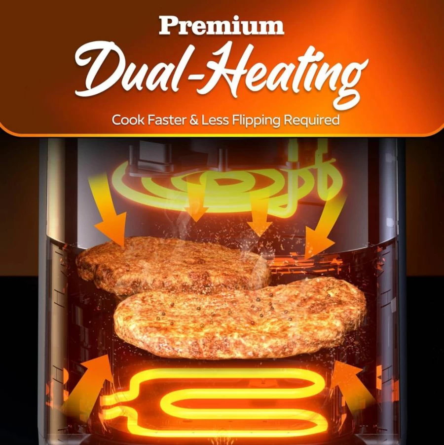 Fullwill Vision Pro 6Qt Air Fryer with Square Window, Dual Heating, 12 Presets for Chicken/Fries/Pizza, Non-Stick PFOA-Free Basket, Oil-Free Cooking