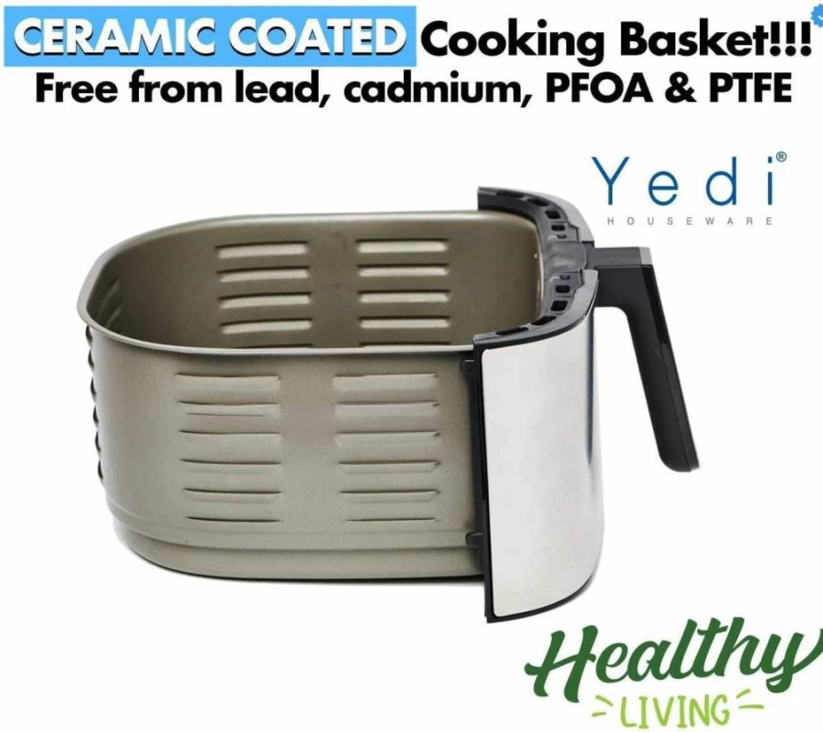 YEDI HOUSEWARE Evolution 6.8QT Stainless Steel Air Fryer with Ceramic Basket, Accessory Kit & Recipe Book, Healthy Oil-Free Cooking