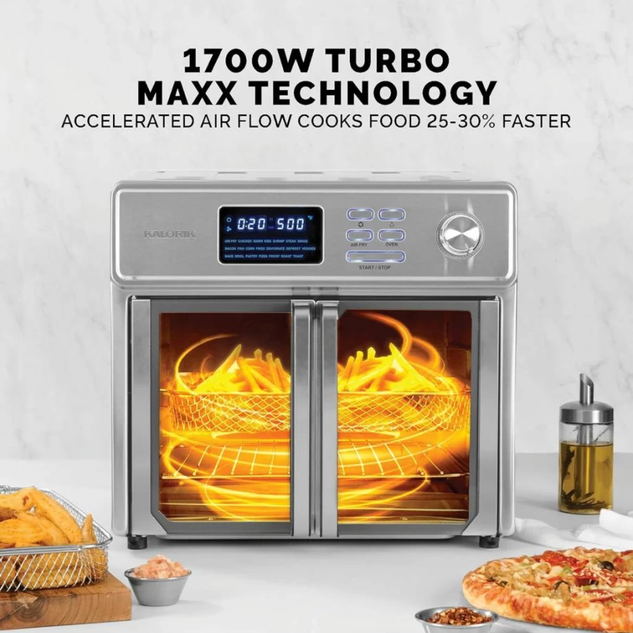 Kalorik Maxx 26QT 10-in-1 Air Fryer Toaster Oven Combo with Rotisserie, French Doors & 9 Accessories - 1700W Stainless Steel Countertop Oven for Baking, Roasting & Frying