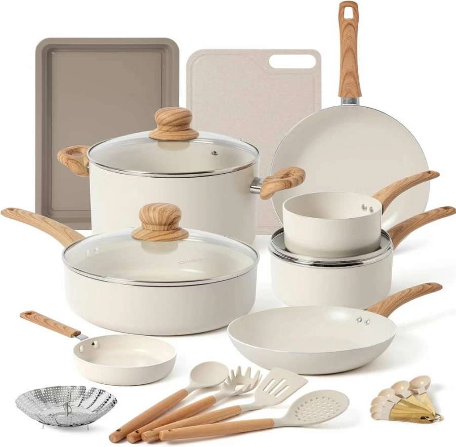23-Piece Nonstick Cookware Set by ONGIFT - Pots and Pans with Frying Pan, Saucepan, Saute Pan, Lightweight Wood Handle Kitchen Set, PFAS & PFOA Free, Light Wood Design