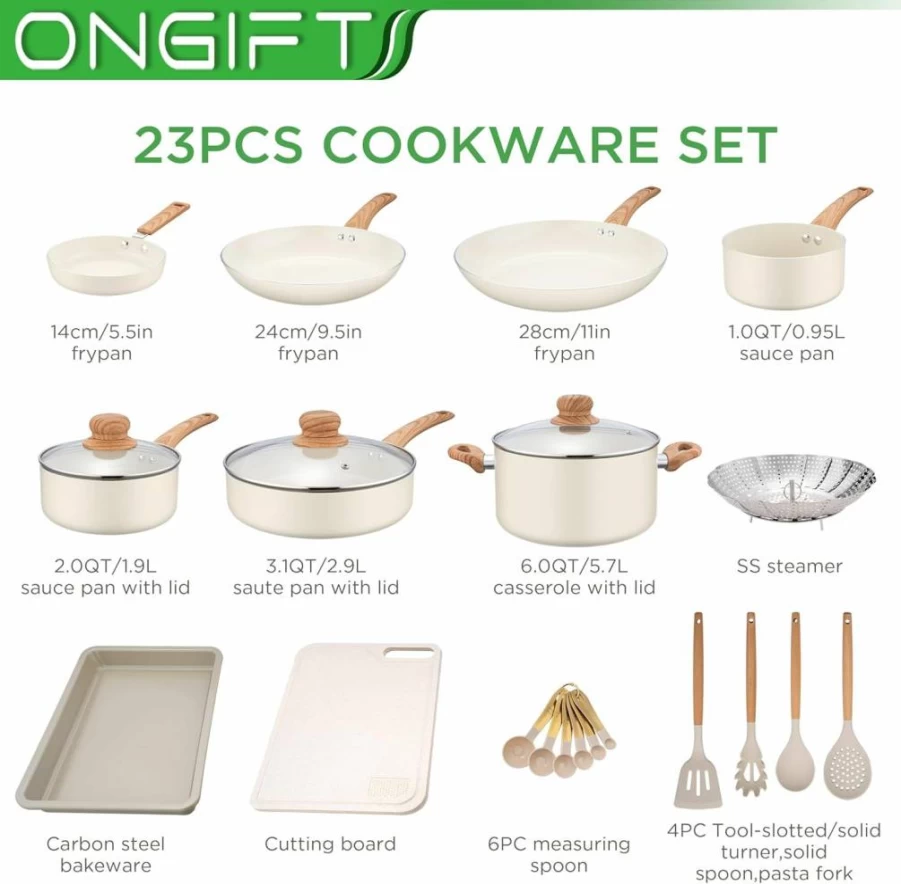 23-Piece Nonstick Cookware Set by ONGIFT - Pots and Pans with Frying Pan, Saucepan, Saute Pan, Lightweight Wood Handle Kitchen Set, PFAS & PFOA Free, Light Wood Design