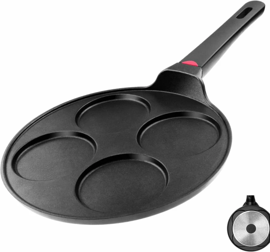 CAINFY 10.5 Inch Nonstick Pancake Pan with 4 Molds - PFOA Free Crepe, Blini, Silver Dollar Griddle for Induction & All Stovetops