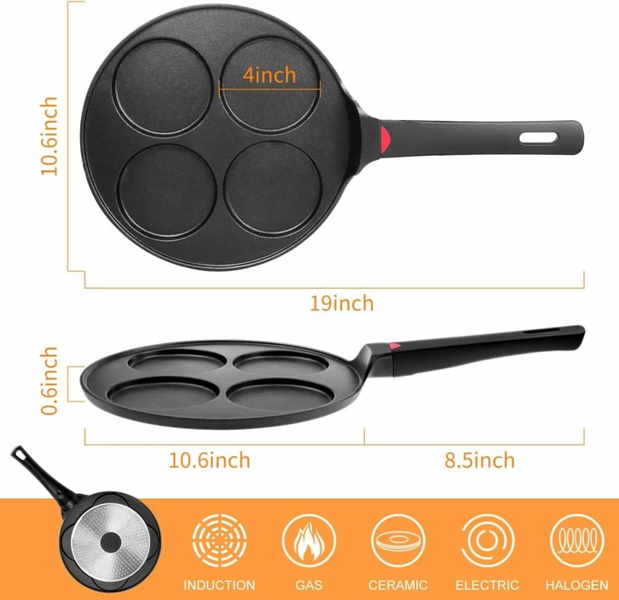 CAINFY 10.5 Inch Nonstick Pancake Pan with 4 Molds - PFOA Free Crepe, Blini, Silver Dollar Griddle for Induction & All Stovetops