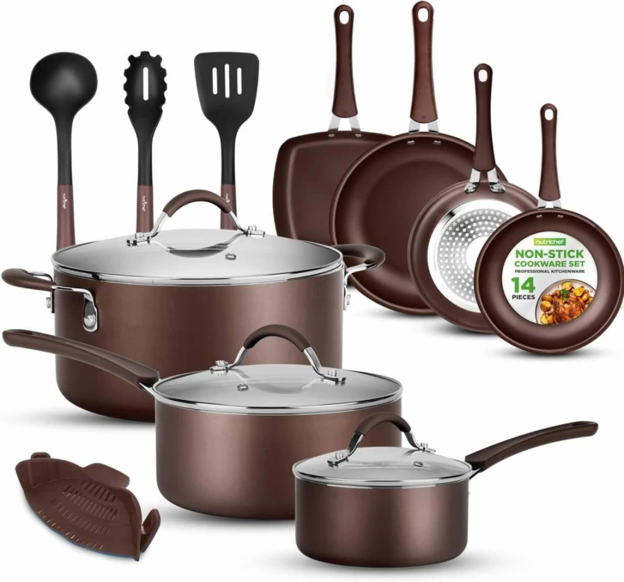 NutriChef 14-Piece Nonstick Cookware Set, PFOA/PFOS-Free Golden Kitchen Ware with Saucepans, Frying Pans, Dutch Oven, Lids & Utensils, Heat Resistant Lacquer Coating (Model NCCW14S)