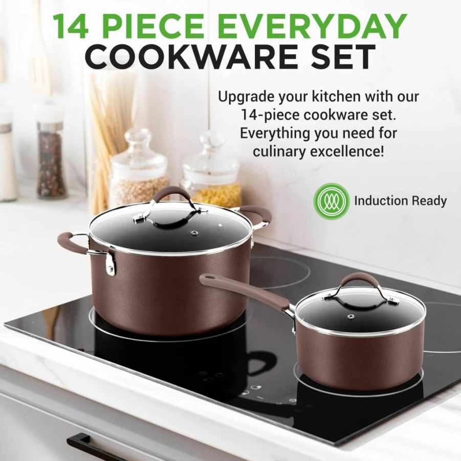 NutriChef 14-Piece Nonstick Cookware Set, PFOA/PFOS-Free Golden Kitchen Ware with Saucepans, Frying Pans, Dutch Oven, Lids & Utensils, Heat Resistant Lacquer Coating (Model NCCW14S)